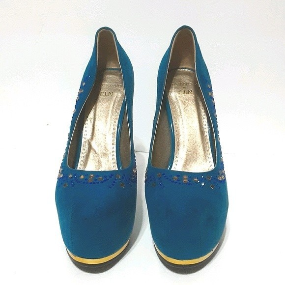 Memorata Celine Sapphire Blue Bejeweled Ultra High Stiletto Platform Heels US 6 - Picture 3 of 9